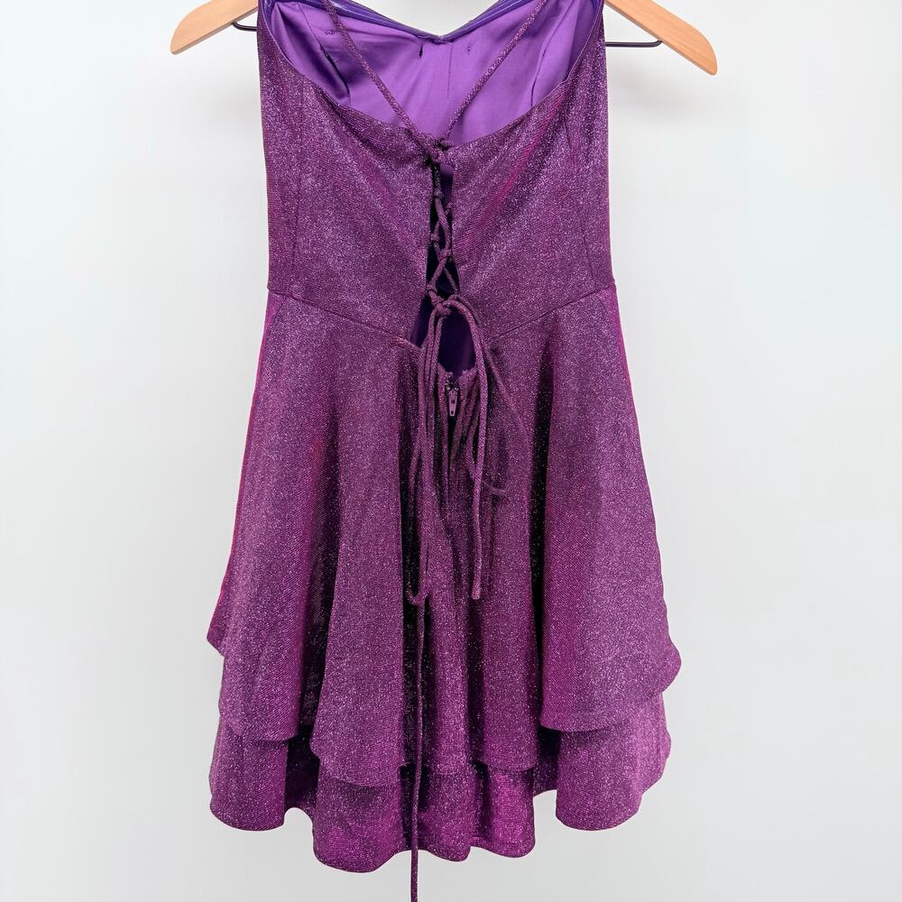 Purple Glitter Lace Up Skater Mini Dress SZ 7 HOCO Homecoming Semi Formal Glam - Picture 3 of 8